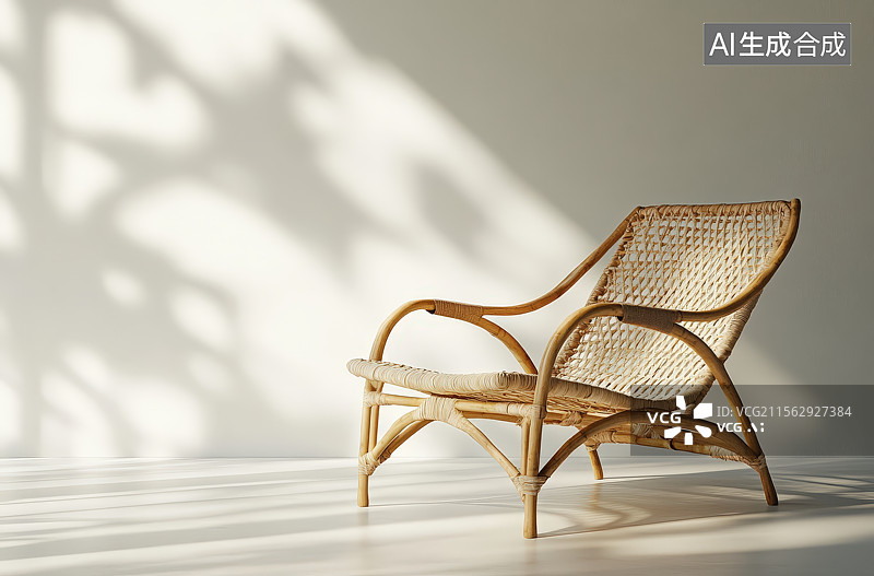 【AI数字艺术】客厅靠窗阳光光影下放置的空休闲椅藤椅凳子图片素材