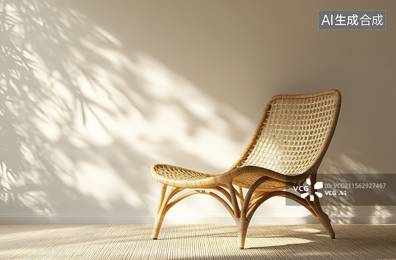 【AI数字艺术】客厅靠窗阳光光影下放置的空休闲椅藤椅凳子图片素材