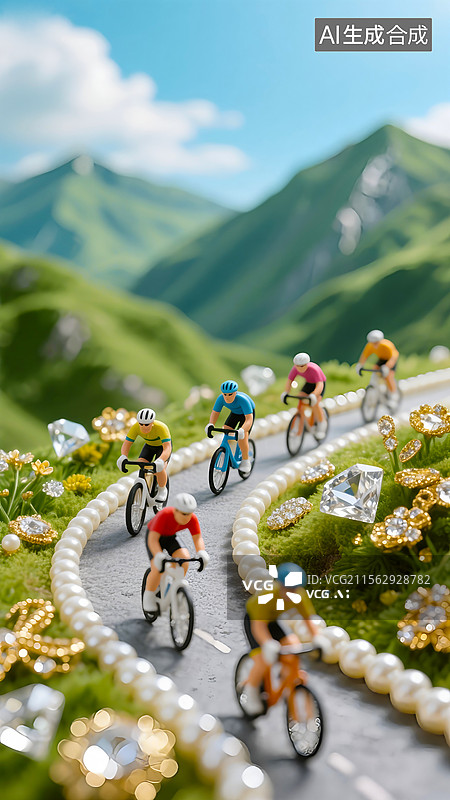 【AI数字艺术】由项链组成的赛道上，许多自行车运动员在进行自行车赛，周围散落着珠宝钻石组成的花朵，海报设计元素图片素材