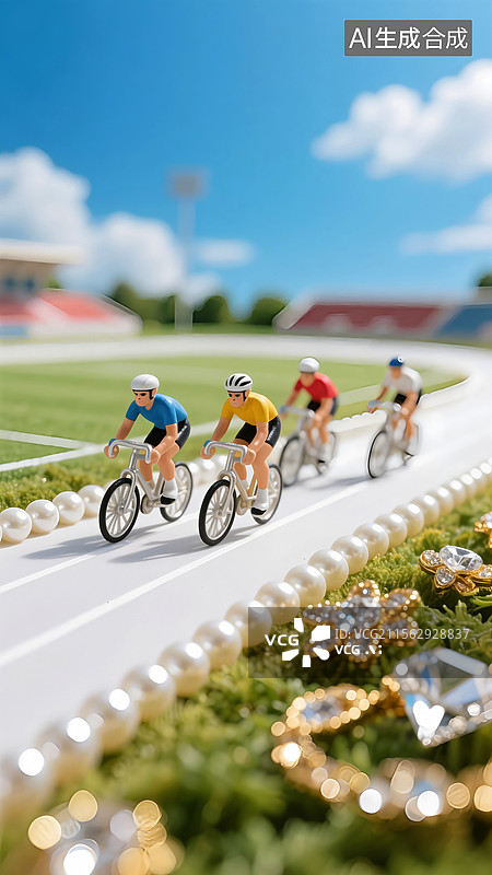 【AI数字艺术】由项链组成的赛道上，许多自行车运动员在进行自行车赛，周围散落着珠宝钻石组成的花朵，海报设计元素图片素材