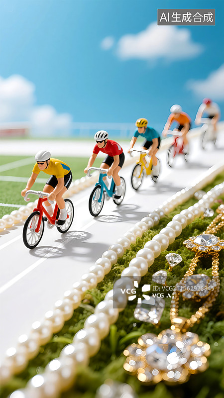 【AI数字艺术】由项链组成的赛道上，许多自行车运动员在进行自行车赛，周围散落着珠宝钻石组成的花朵，海报设计元素图片素材