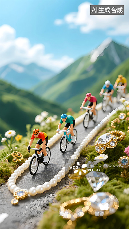 【AI数字艺术】由项链组成的赛道上，许多自行车运动员在进行自行车赛，周围散落着珠宝钻石组成的花朵，海报设计元素图片素材