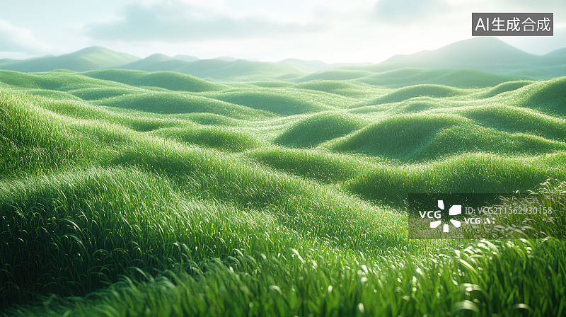 【AI数字艺术】3D渲染绿色波浪起伏小山丘草地草皮逆光场景自然景观图片素材