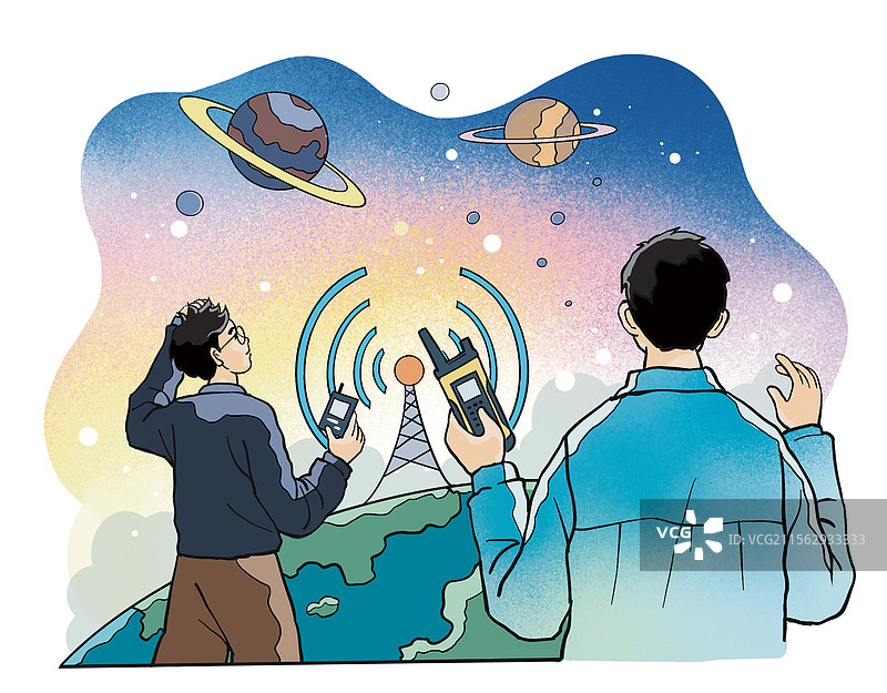 ­彩色插画 插图 磁场 电磁 宇宙 天空 雷达 星球 地球 信号 接收器 人类 太空 科技图片素材