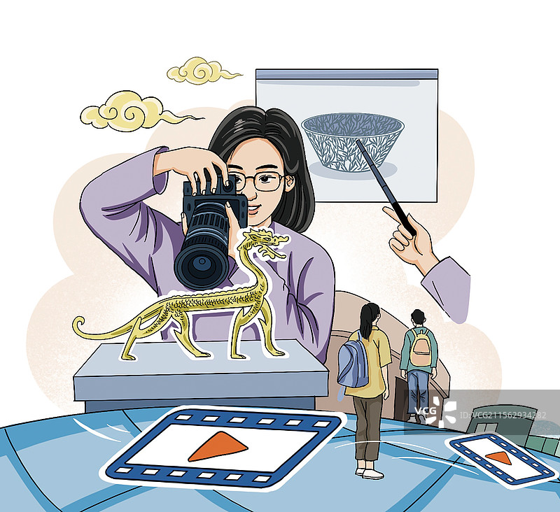 ­彩色插画 插图 女生 爱摄影 爱好者 博物馆 文物 录视频 讲课 知识 校园 文化 传统文化图片素材