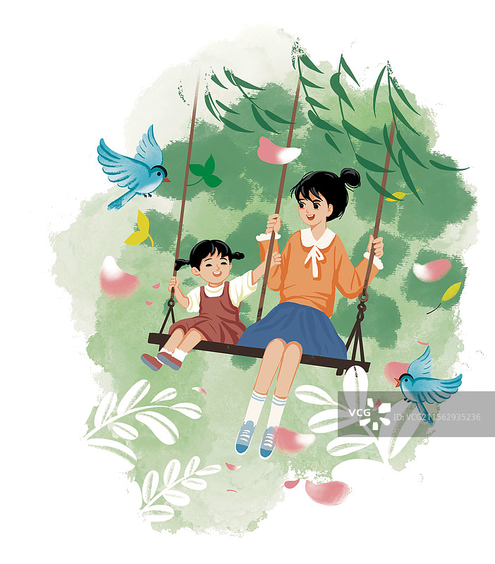 ­彩色插画 插图 女孩 母女 荡秋千 夏天 夏季 户外活动 绿色 小鸟图片素材