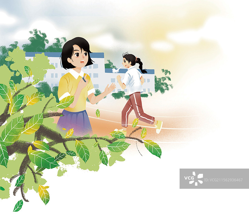 ­彩色插画 插图 女孩女生 老师 妈妈 督促跑步锻炼 监督 鼓励 体育 长跑 卡通 户外运动 健身图片素材