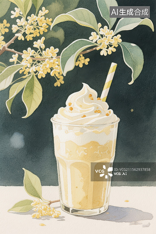 【AI数字艺术】桂花沙冰奶昔冰淇凌夏季饮品手绘插画图片素材