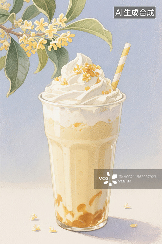 【AI数字艺术】桂花沙冰奶昔冰淇凌夏季饮品手绘插画图片素材