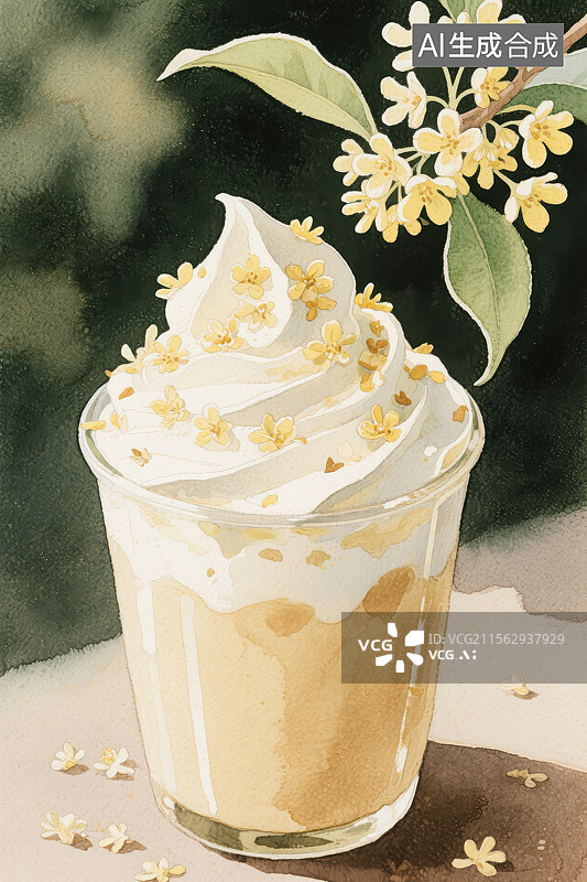 【AI数字艺术】桂花沙冰奶昔冰淇凌夏季饮品手绘插画图片素材