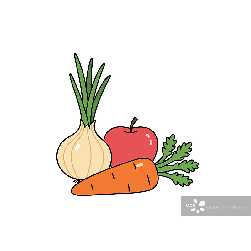 卡通蔬菜和苹果在白色背景上图片素材