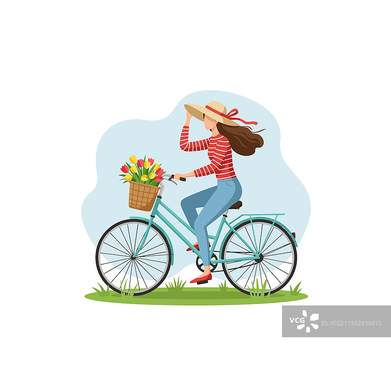 阳光明媚的女人骑着装有花篮的自行车图片素材