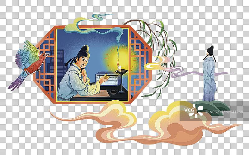 ­彩色插画 插图 唐代诗人 国潮风格 山石 古人 唐诗 李白 杜甫 人物 诗歌 书生 勤学图片素材