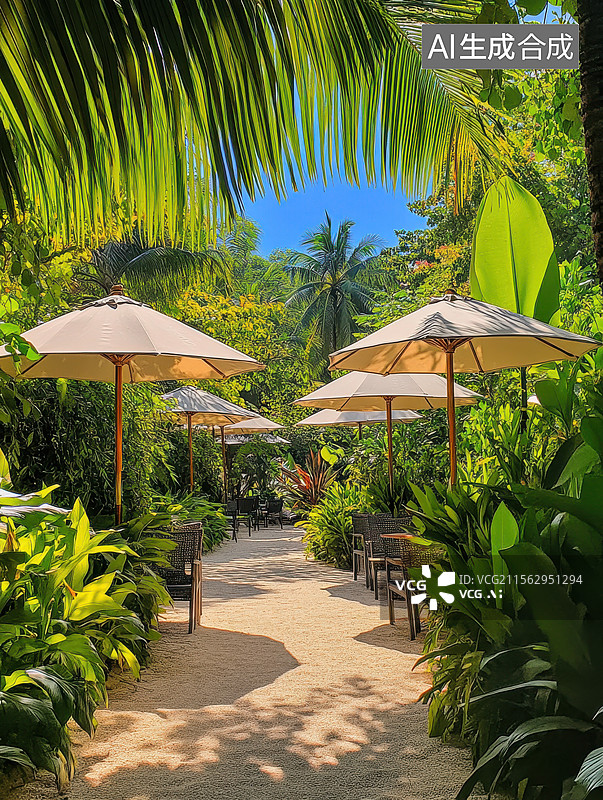 【AI数字艺术】热带度假村的遮阳伞和步道图片素材