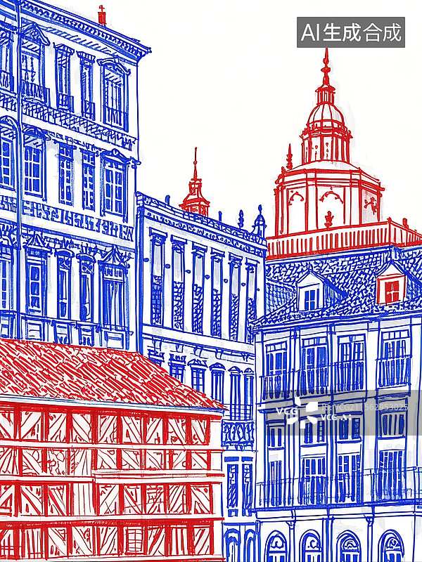 【AI数字艺术】蓝颜色几何勾线风格古典建筑钢笔线稿图图片素材
