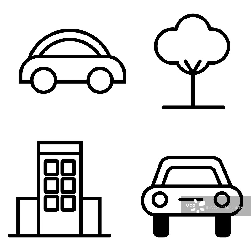 各种线条图标：汽车、树木、建筑符号图片素材