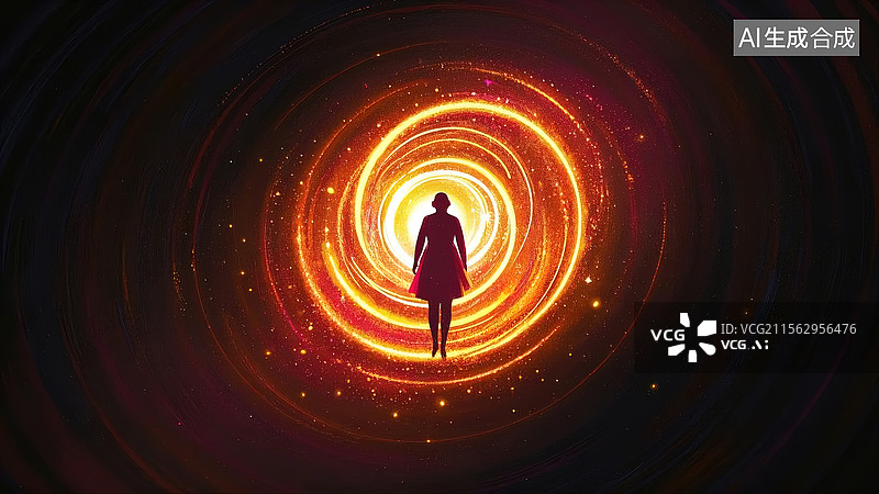 【AI数字艺术】黑暗空间中光粒子环绕的卡通女孩人物剪影图图片素材