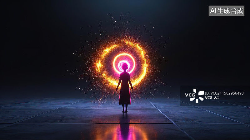 【AI数字艺术】黑暗空间中光粒子环绕的卡通女孩人物剪影图图片素材