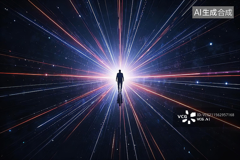【AI数字艺术】微小的人在黑暗空间中光粒子环绕的卡通人物剪影图图片素材