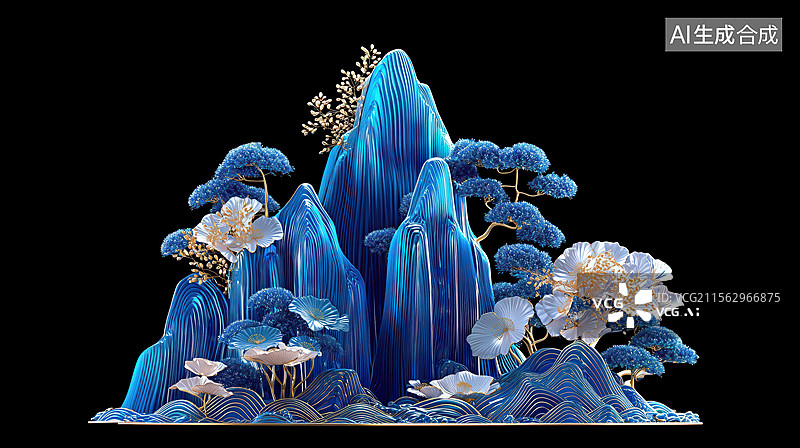 【AI数字艺术】国风黑底绿色玉石材质的山水景观3D卡通立体插画图片素材