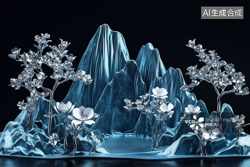 【AI数字艺术】国风黑底绿色玉石材质的山水景观3D卡通立体插画图片素材