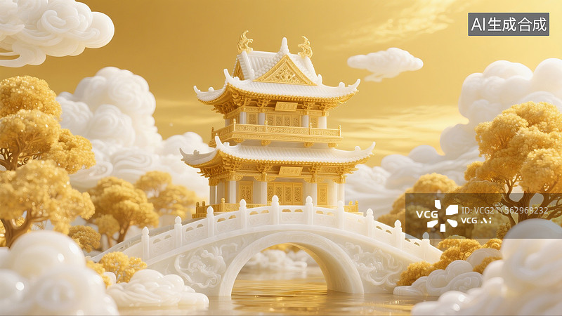 【AI数字艺术】金色和白玉雕的中式阁楼景观图片素材
