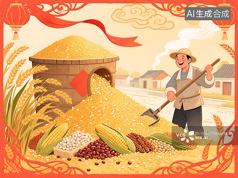【AI数字艺术】农民在田间喜悦收获粮食的插画图片素材