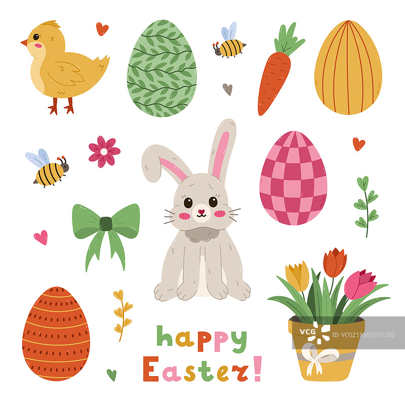 可爱的卡通复活节套装，毛茸茸的兔子与图片素材