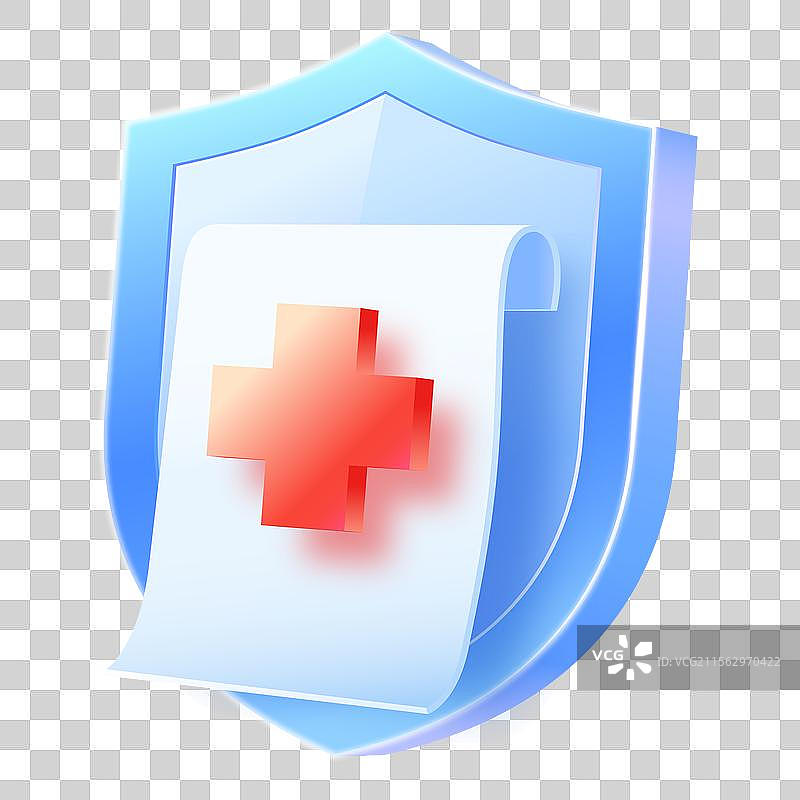 蓝色盾牌保护健康安全保险单和红色爱心十字医疗符号免抠素材图片素材