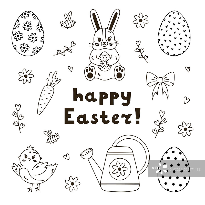 lovely outline easter set with fluffy sitting图片素材