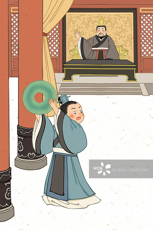 历史典故完璧归赵古代蔺相如不怕秦王在大殿上怒摔和氏璧插画图片素材