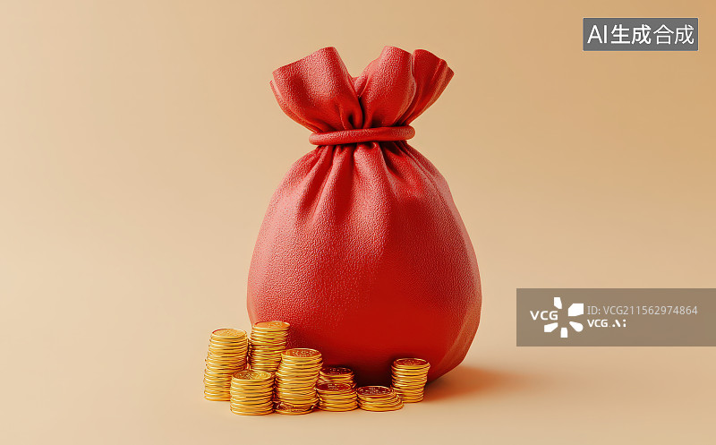 【AI数字艺术】3D渲染中国风概念纯色背景下的堆积硬币金币和钱袋子钱包红包，银行储蓄投资理财概念背景图片素材