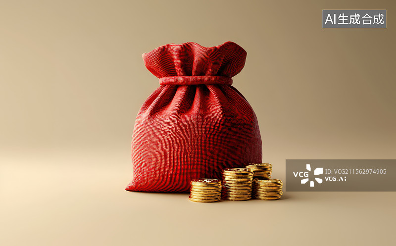 【AI数字艺术】3D渲染中国风概念纯色背景下的堆积硬币金币和钱袋子钱包红包，银行储蓄投资理财概念背景图片素材