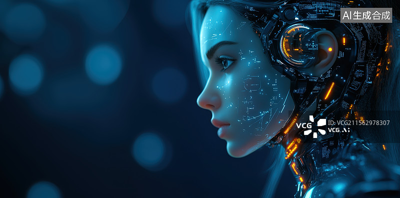 【AI数字艺术】AI人工智能机器人向左边看侧面视角图片素材