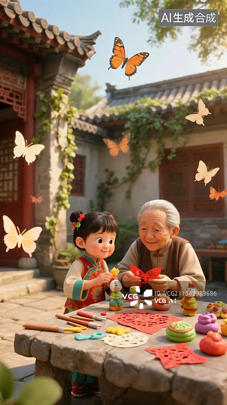 【AI数字艺术】儿童与老人在中式庭院共做传统手工，氛围温馨，展现文化传承与亲情陪伴。图片素材