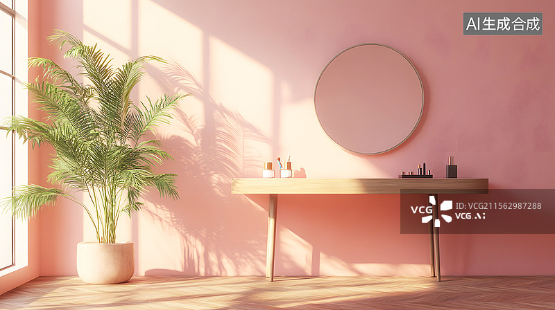 【AI数字艺术】AIGC：化妆台梳妆台 镜子和护肤品图片素材