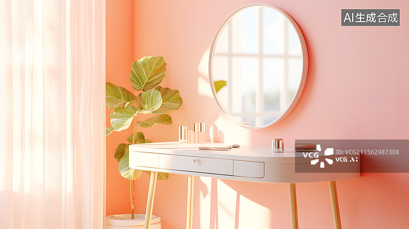 【AI数字艺术】AIGC：化妆台梳妆台 镜子和护肤品图片素材