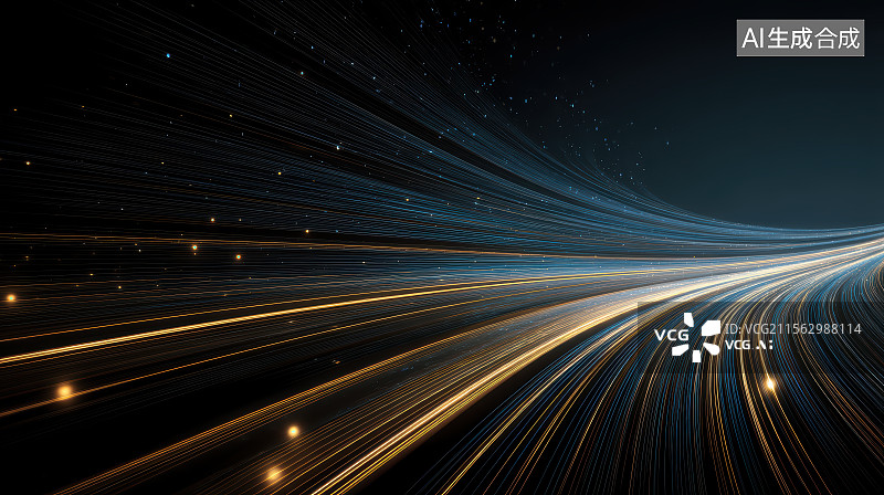 【AI数字艺术】蓝金色科幻感抽象线条道路平台图片素材