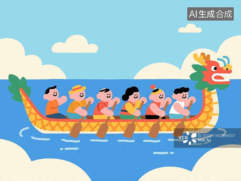 【AI数字艺术】中国风手绘卡通人物，划龙舟，龙舟，赛龙舟，端午节，传统节日图片素材
