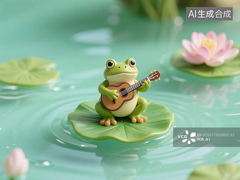 【AI数字艺术】3D渲染卡通动物，荷叶上的弹吉他的小青蛙，夏天，可爱的青蛙图片素材