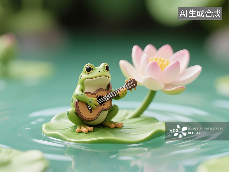 【AI数字艺术】3D渲染卡通动物，荷叶上的弹吉他的小青蛙，夏天，可爱的青蛙图片素材