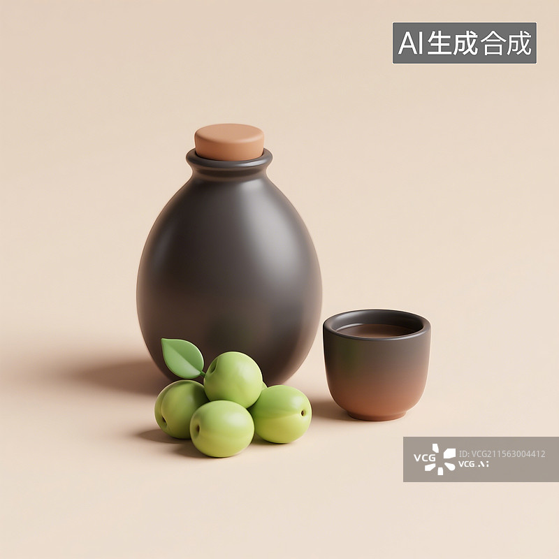 【AI数字艺术】国风手绘插画，青梅酒，梅子酒，米酒，酒壶，酒坛子，酒杯，传统文化，酒文化图片素材