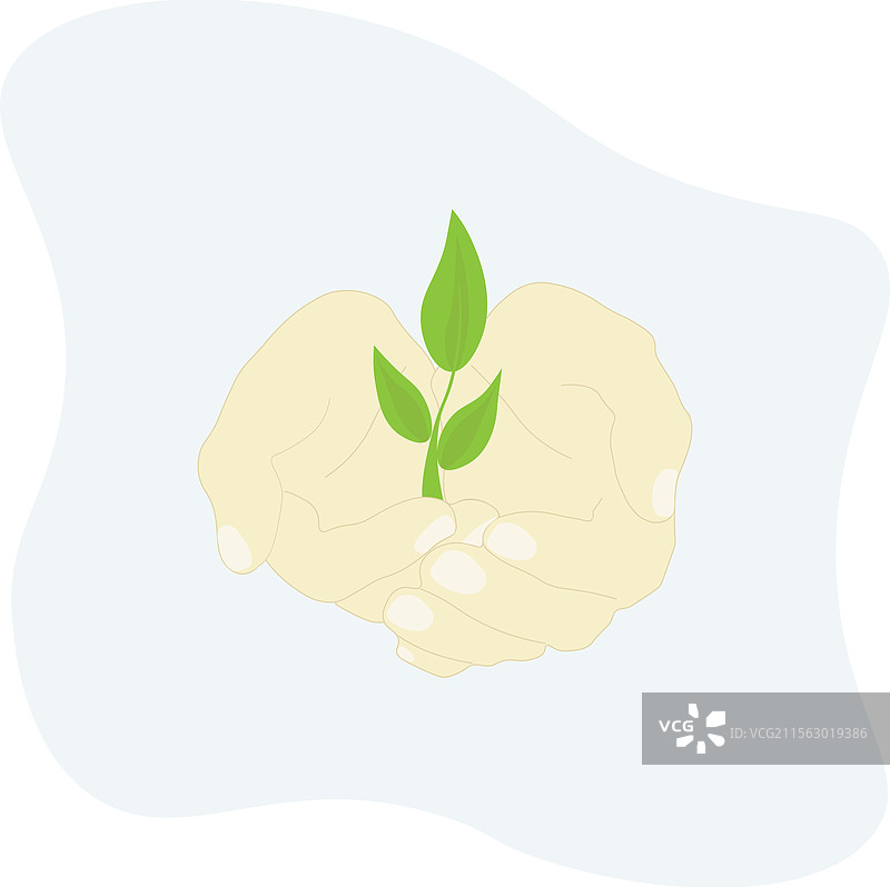 手掌小心地托着一株绿色嫩芽，背景为蓝色。图片素材