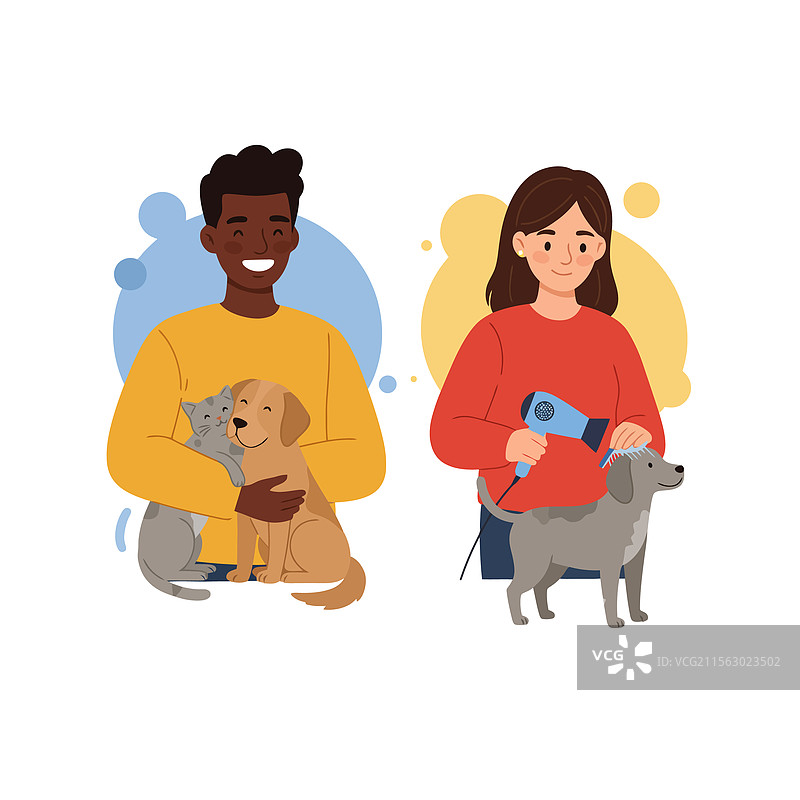 快乐的男人抱着猫，给宠物梳理毛发图片素材