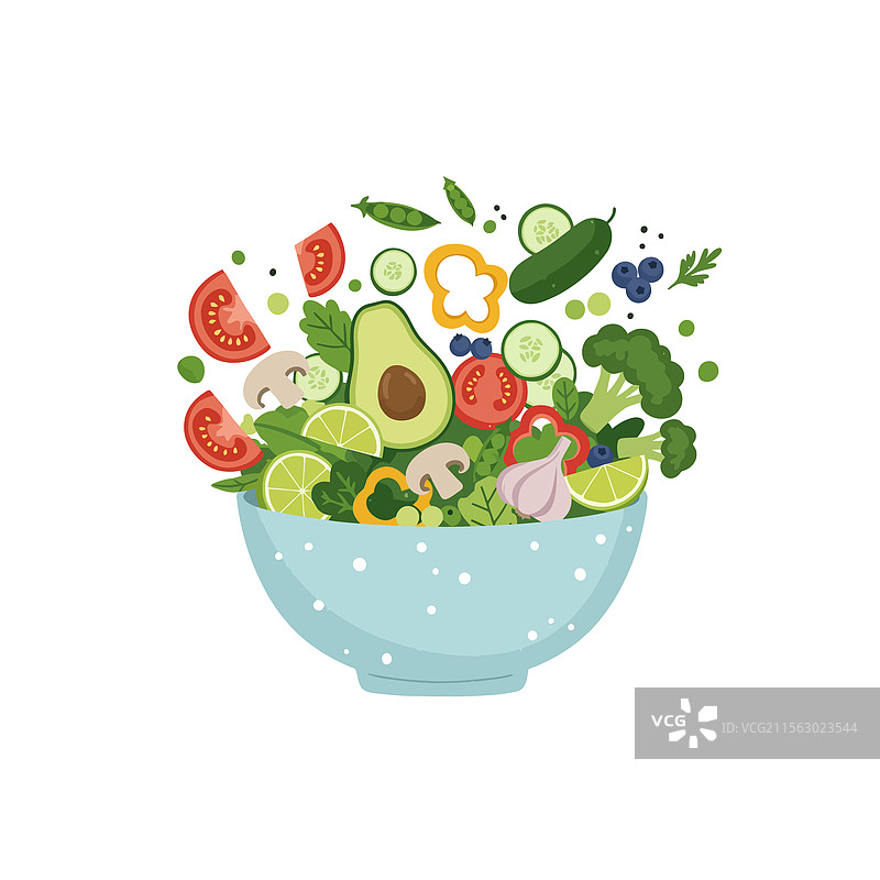 新鲜的沙拉碗，里面装满了五彩缤纷的蔬菜图片素材