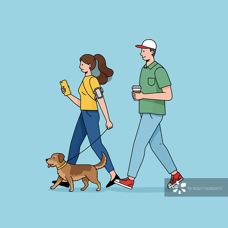 人们遛狗并喝咖啡图片素材