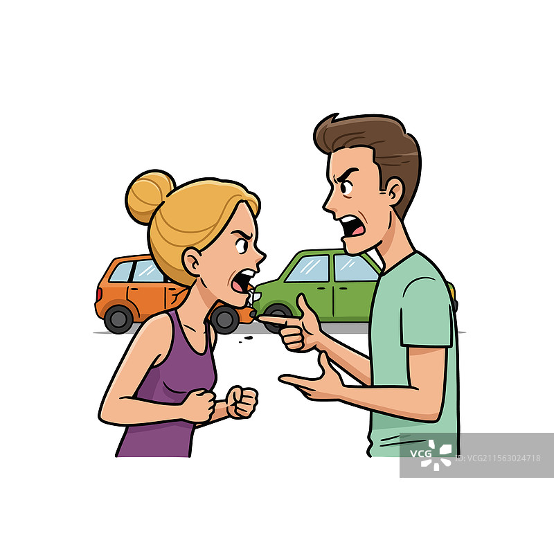 情侣在车祸后争吵，情绪激动。图片素材