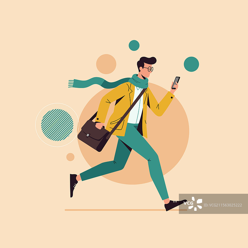 男子在公寓里跑步，手里拿着手机和肩包。图片素材