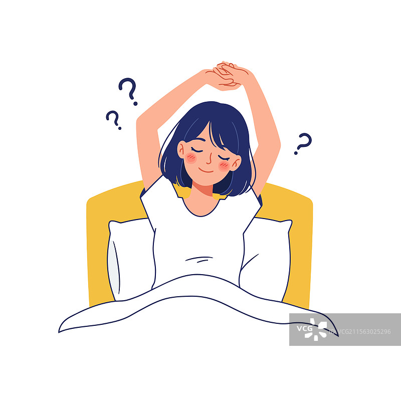 睡眼惺忪的卡通女人在床上伸展身体图片素材