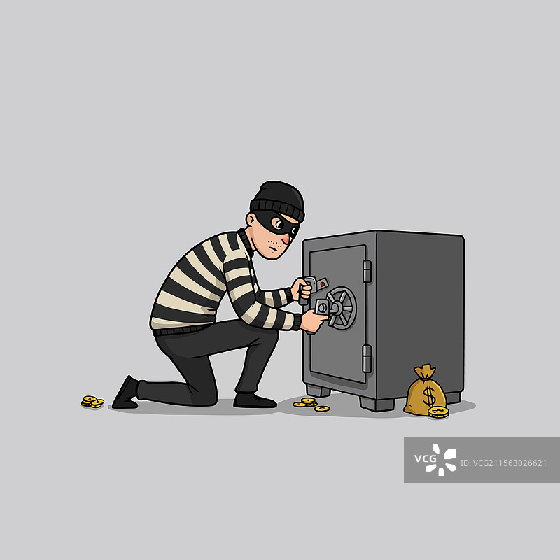 卡通小偷正在撬开保险箱，旁边有一个装满钱的袋子图片素材